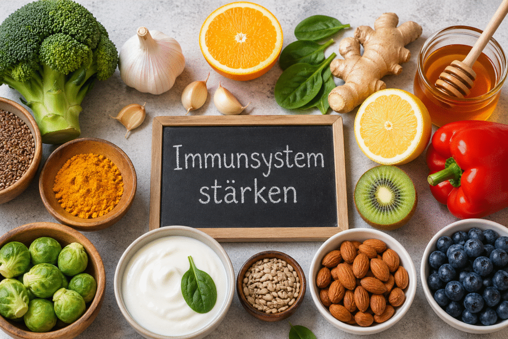 Gesunde Lebensmittel wie Obst, Gemüse und Nüsse zur Unterstützung des Immunsystems