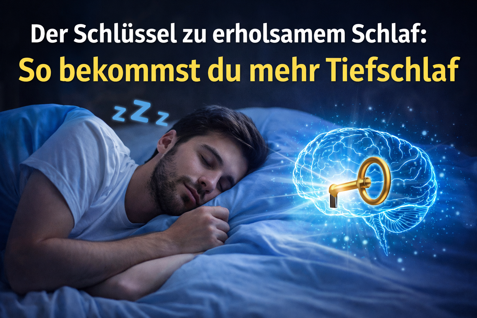 Mann schläft ruhig im Bett, Symbol für Tiefschlaf und besseren Schlaf durch gesunde Schlafgewohnheiten.