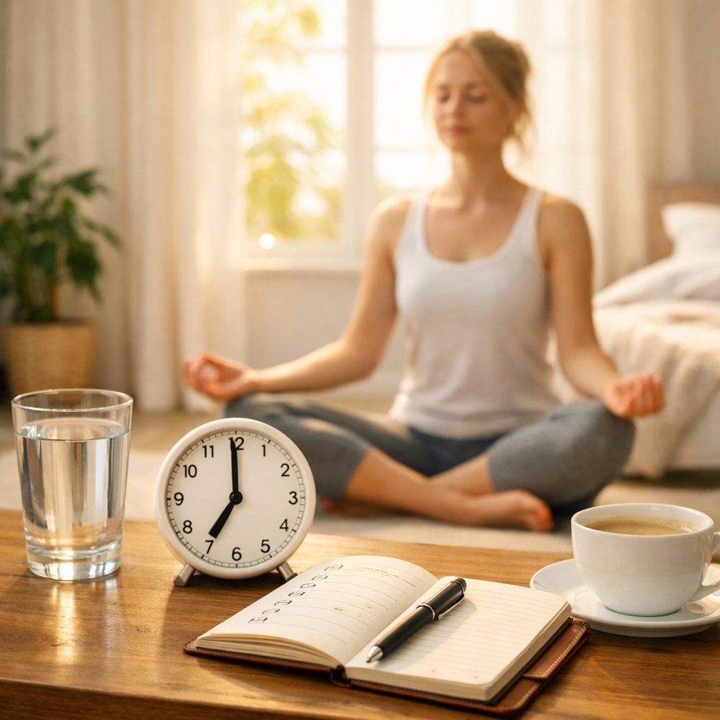 Frau meditiert am Morgen mit Wasser, Kaffee und Notizbuch für Energie und Fokus