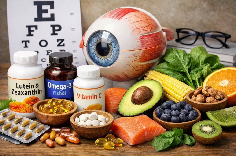 Nahrungsergänzungsmittel und Lebensmittel für gesunde Augen wie Lutein, Omega-3 und Vitamine