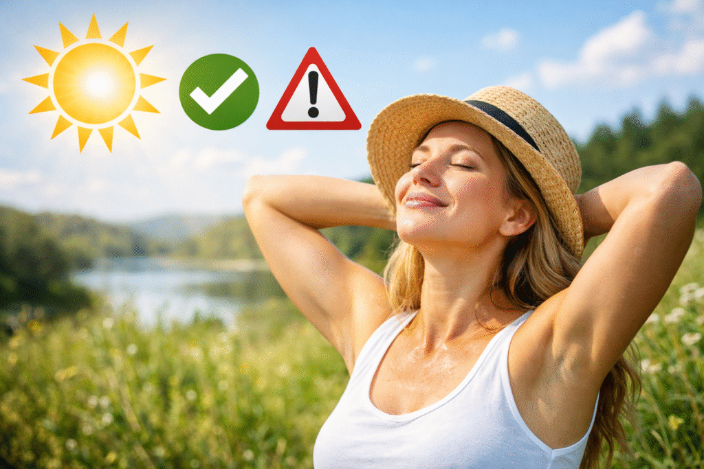 Person genießt Sonnenlicht im Freien bei moderater Sonneneinstrahlung als Symbol für gesunde Sonnenexposition.