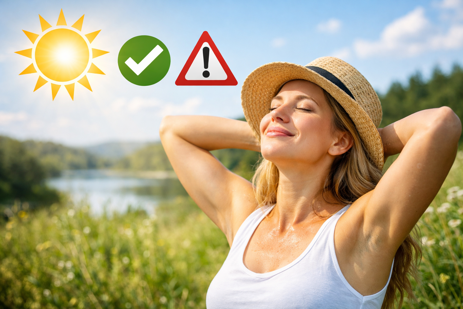 Person genießt Sonnenlicht im Freien bei moderater Sonneneinstrahlung als Symbol für gesunde Sonnenexposition.