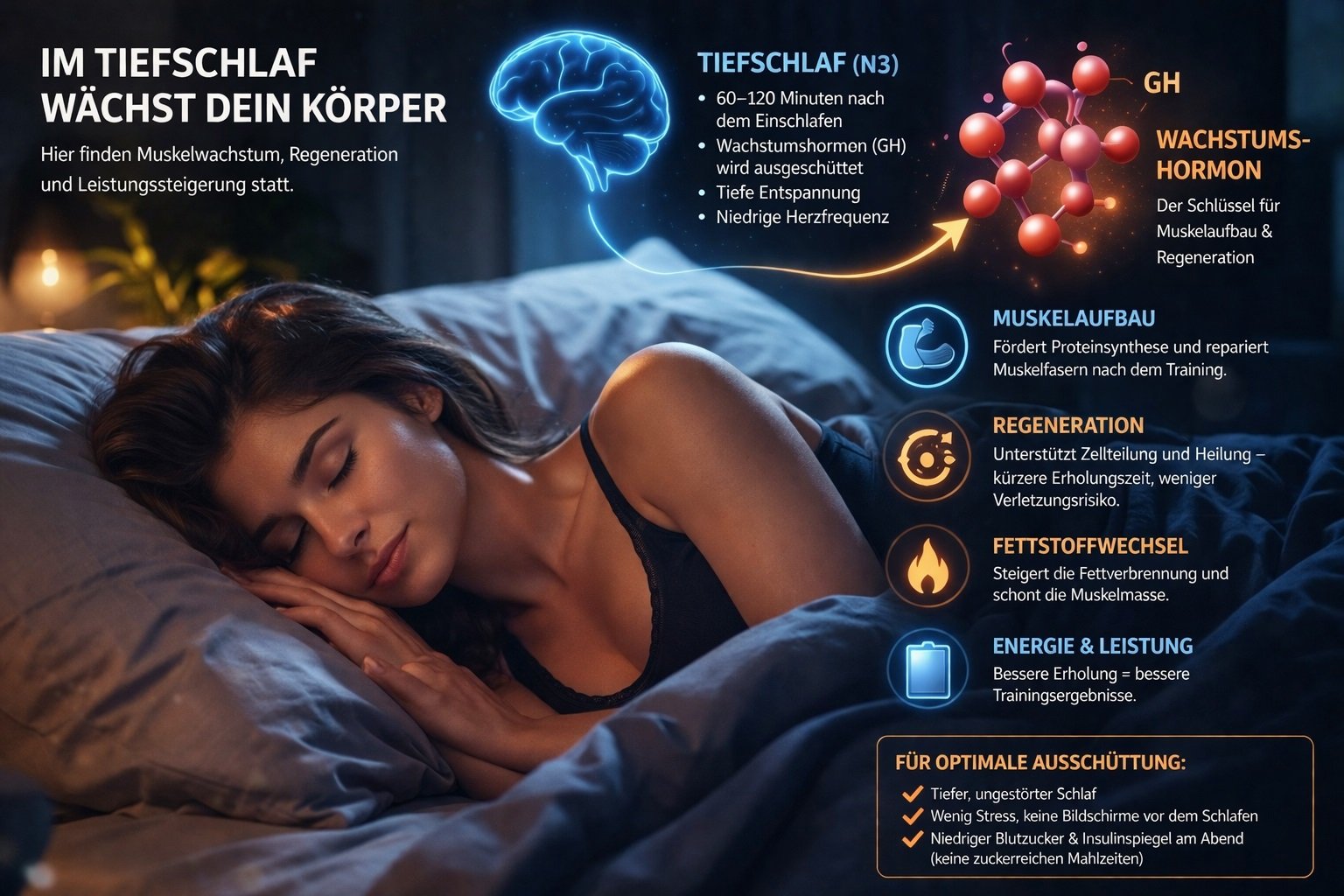 Frau im Tiefschlaf zeigt Muskelwachstum und Regeneration durch Wachstumshormon