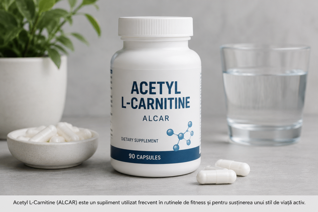 Acetyl L-Carnitin (ALCAR) Nahrungsergänzungsmittel in Kapselform auf einem minimalistischen Hintergrund