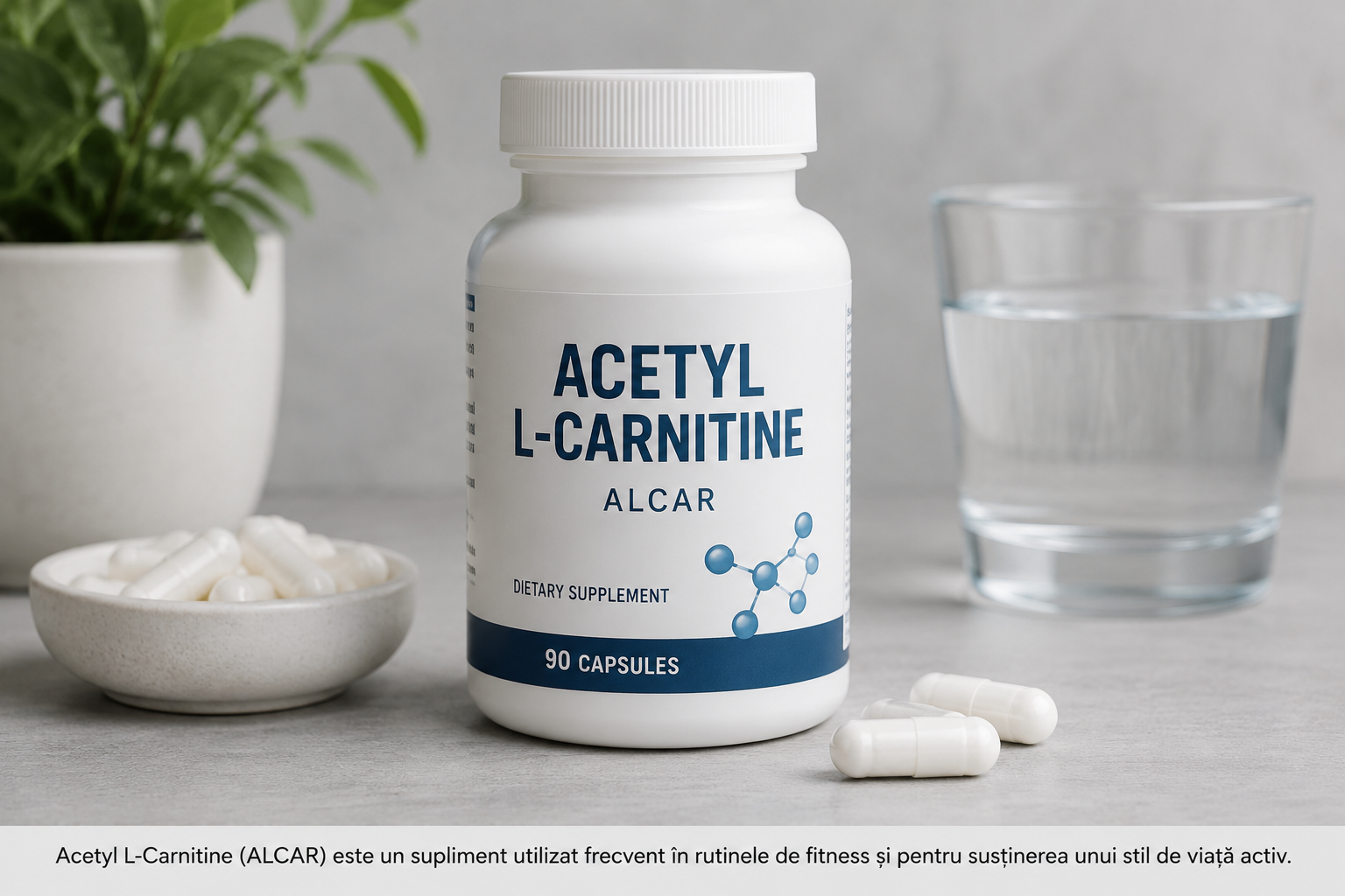 Acetyl L-Carnitin (ALCAR) Nahrungsergänzungsmittel in Kapselform auf einem minimalistischen Hintergrund
