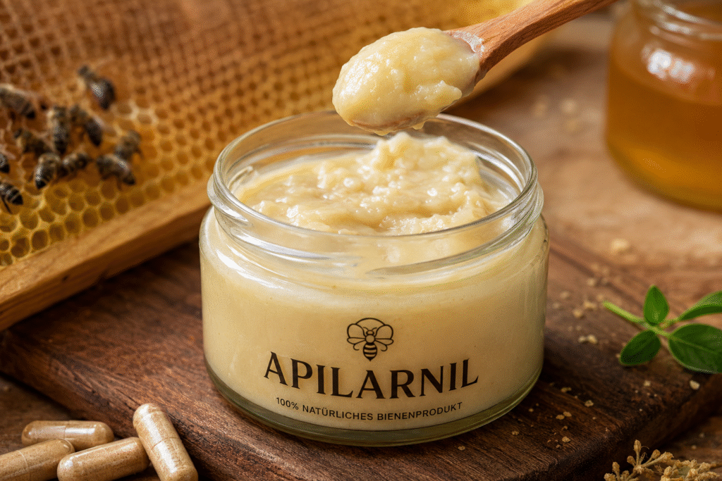 Apilarnil als natürliches Bienenprodukt in einem Glas mit Honigwabe und Holzlöffel