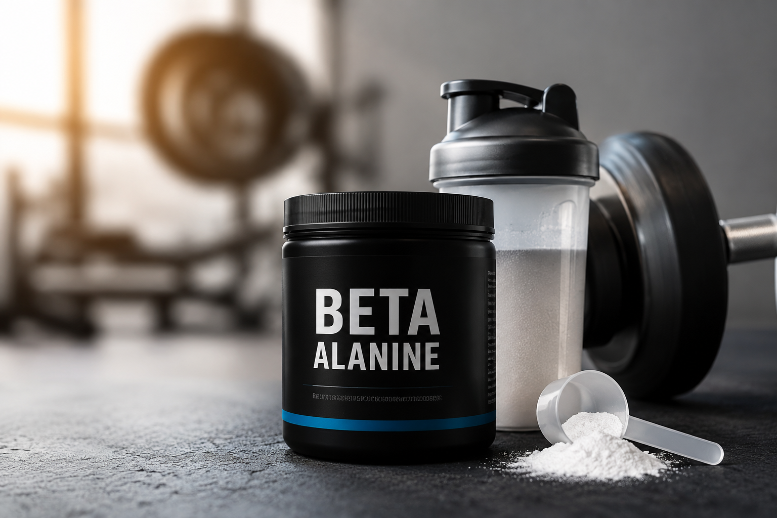 Beta-Alanin Nahrungsergänzungsmittel mit Shaker und Hantel im Fitnessstudio