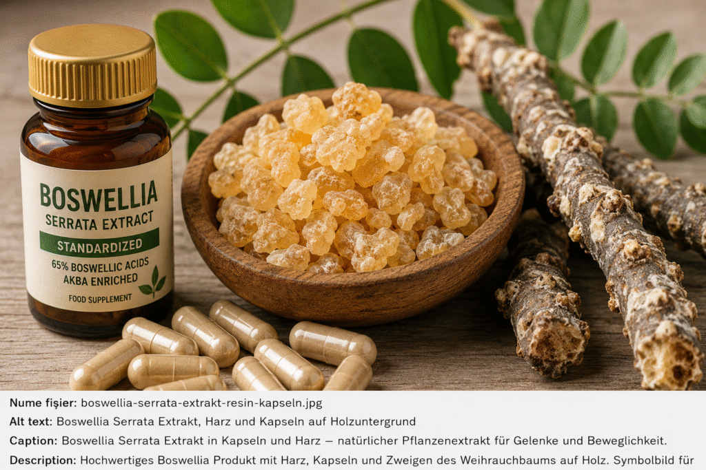 Boswellia Serrata Extrakt mit Weihrauchharz und Kapseln auf Holzuntergrund