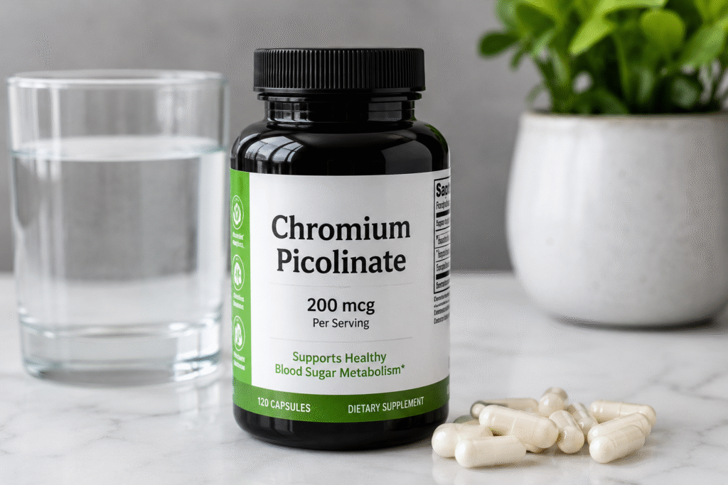 Chromium Picolinate Nahrungsergänzungsmittel mit Kapseln auf hellem Hintergrund