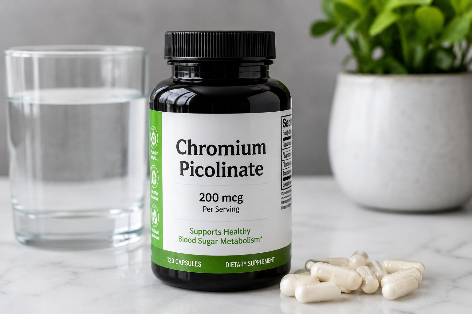 Chromium Picolinate Nahrungsergänzungsmittel mit Kapseln auf hellem Hintergrund
