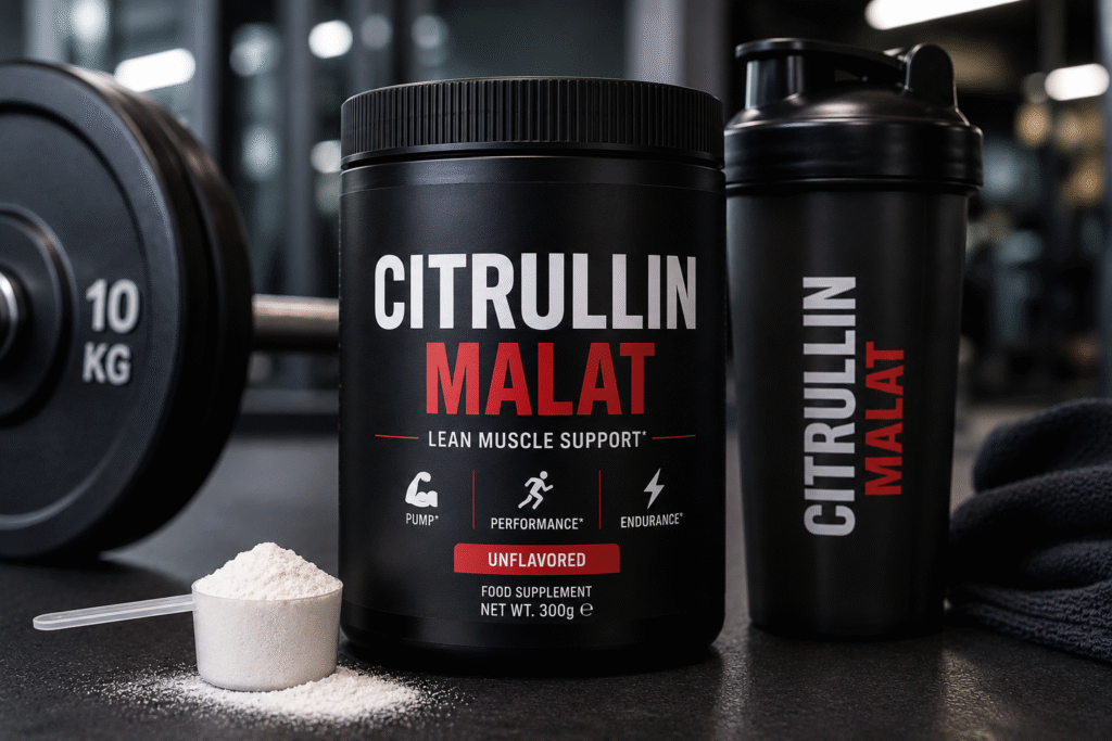 Citrullin Malat Nahrungsergänzungsmittel mit Shaker und Fitness-Equipment im modernen Fitnessstudio