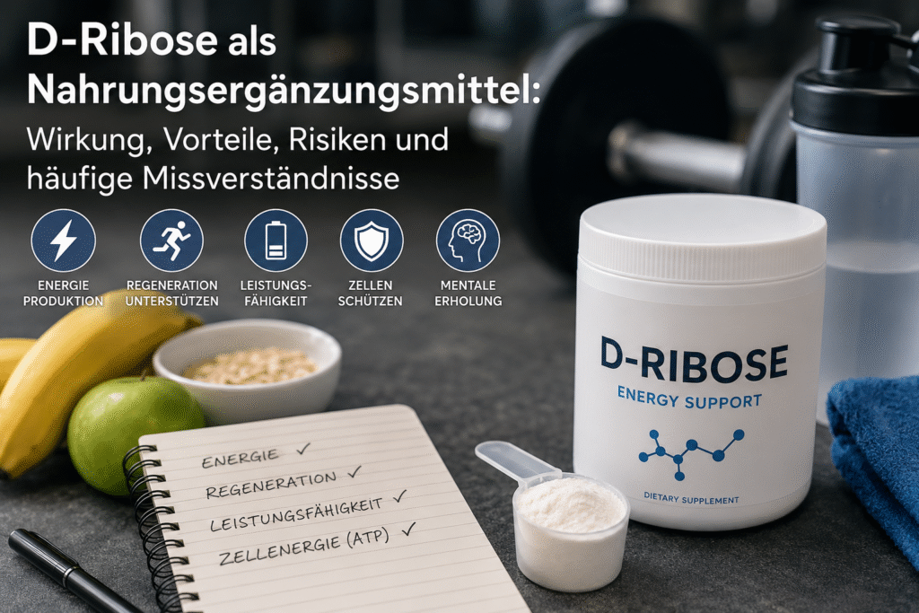 D-Ribose Nahrungsergänzungsmittel mit Shaker und Fitness-Equipment im modernen Gym