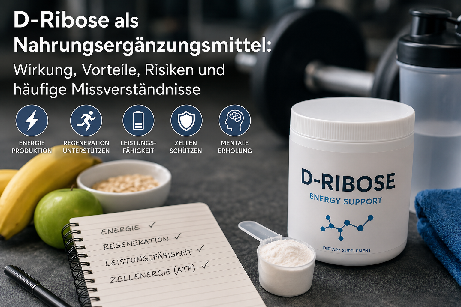 D-Ribose Nahrungsergänzungsmittel mit Shaker und Fitness-Equipment im modernen Gym