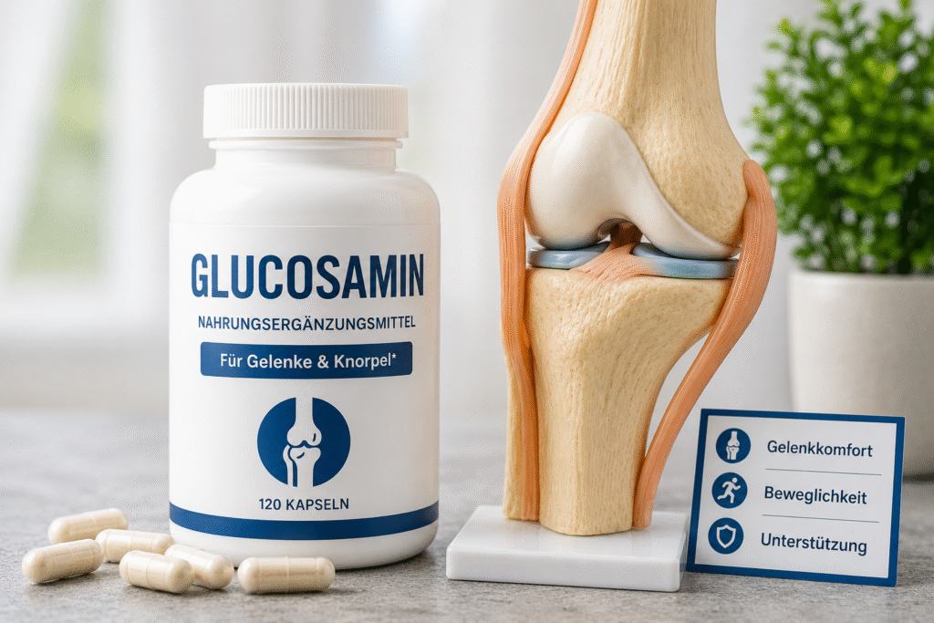 Glucosamin-Nahrungsergänzungsmittel neben einem Modell eines Kniegelenks auf hellem Hintergrund