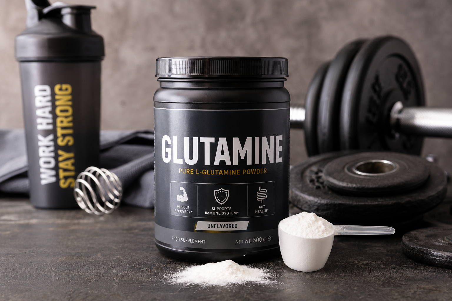 Dose mit L-Glutamin Pulver neben Fitness-Equipment und Shaker für Muskelregeneration und Sporternährung