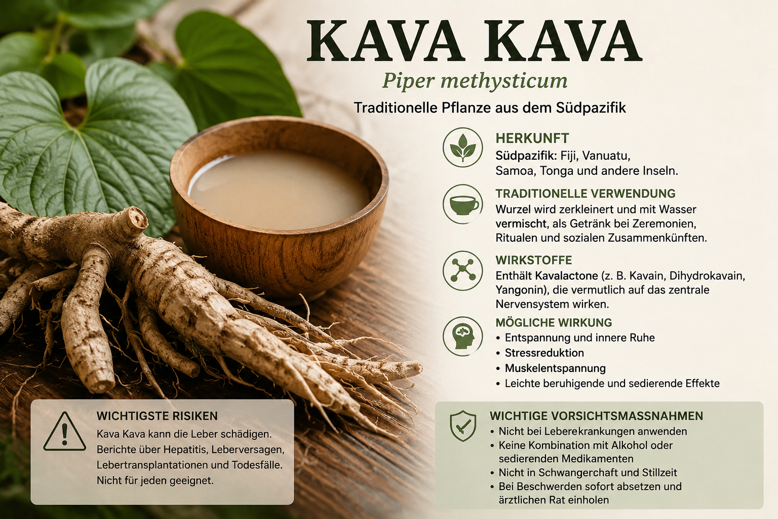 Kava-Kava-Wurzel und traditionelles Getränk aus dem Südpazifik mit Informationen über Wirkung und mögliche Risiken für die Leber