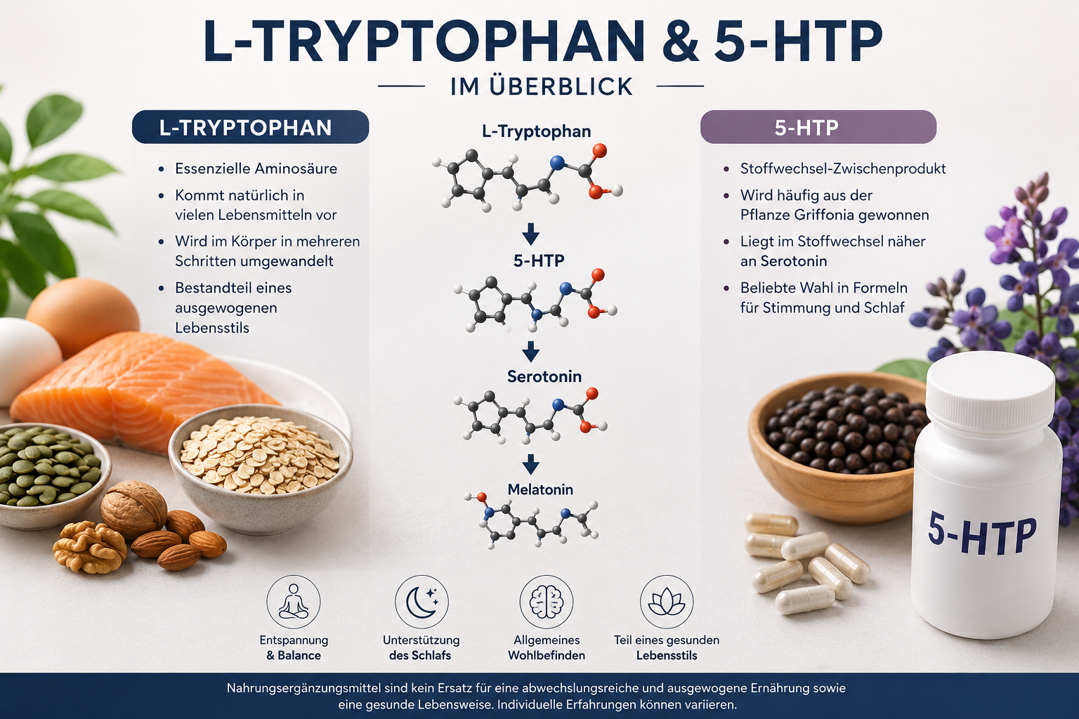 Infografik über die Unterschiede zwischen L-Tryptophan und 5-HTP mit Darstellung des Stoffwechselwegs zu Serotonin und Melatonin