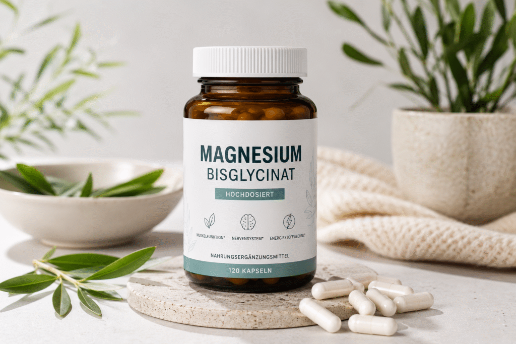 Magnesiumbisglycinat Nahrungsergänzungsmittel in moderner minimalistischer Produktdarstellung