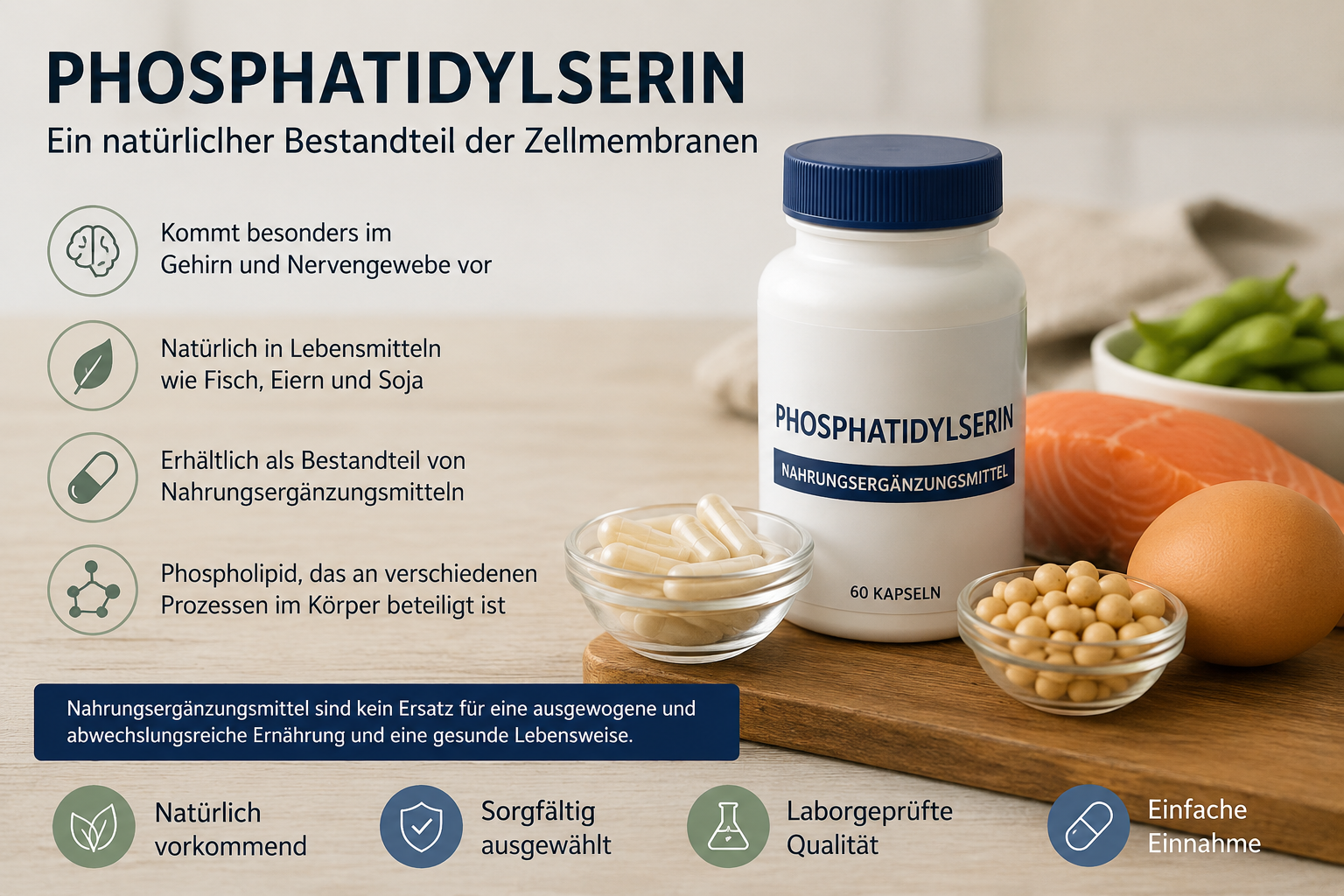 Phosphatidylserin Nahrungsergänzungsmittel mit natürlichen Quellen wie Fisch, Ei und Soja