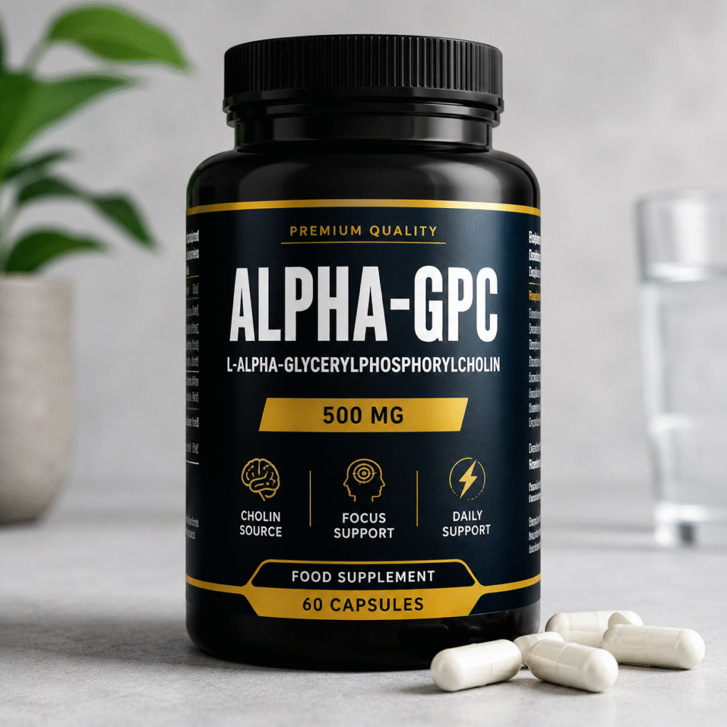 Dose mit Alpha-GPC Nahrungsergänzungsmittel auf hellem Hintergrund