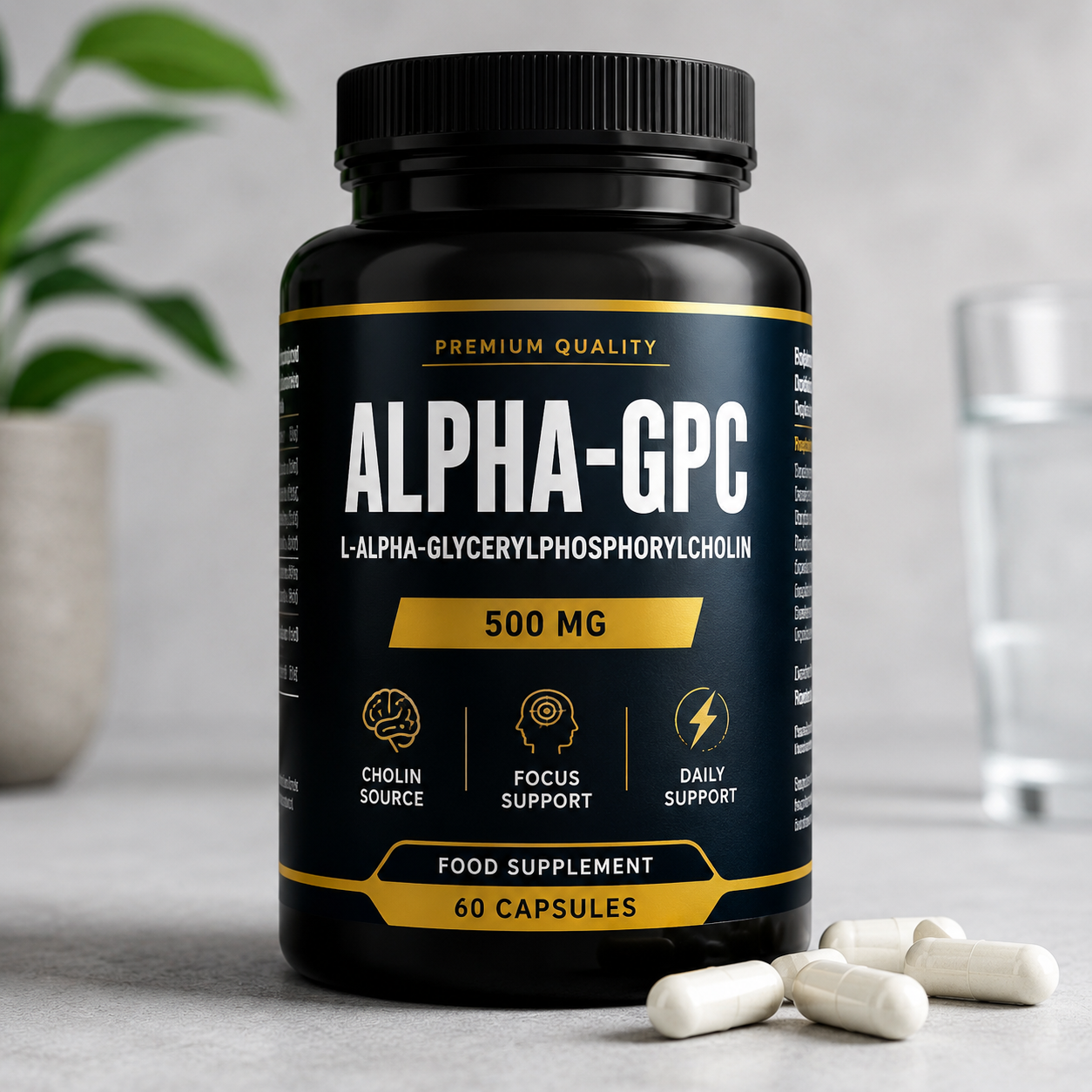 Dose mit Alpha-GPC Nahrungsergänzungsmittel auf hellem Hintergrund