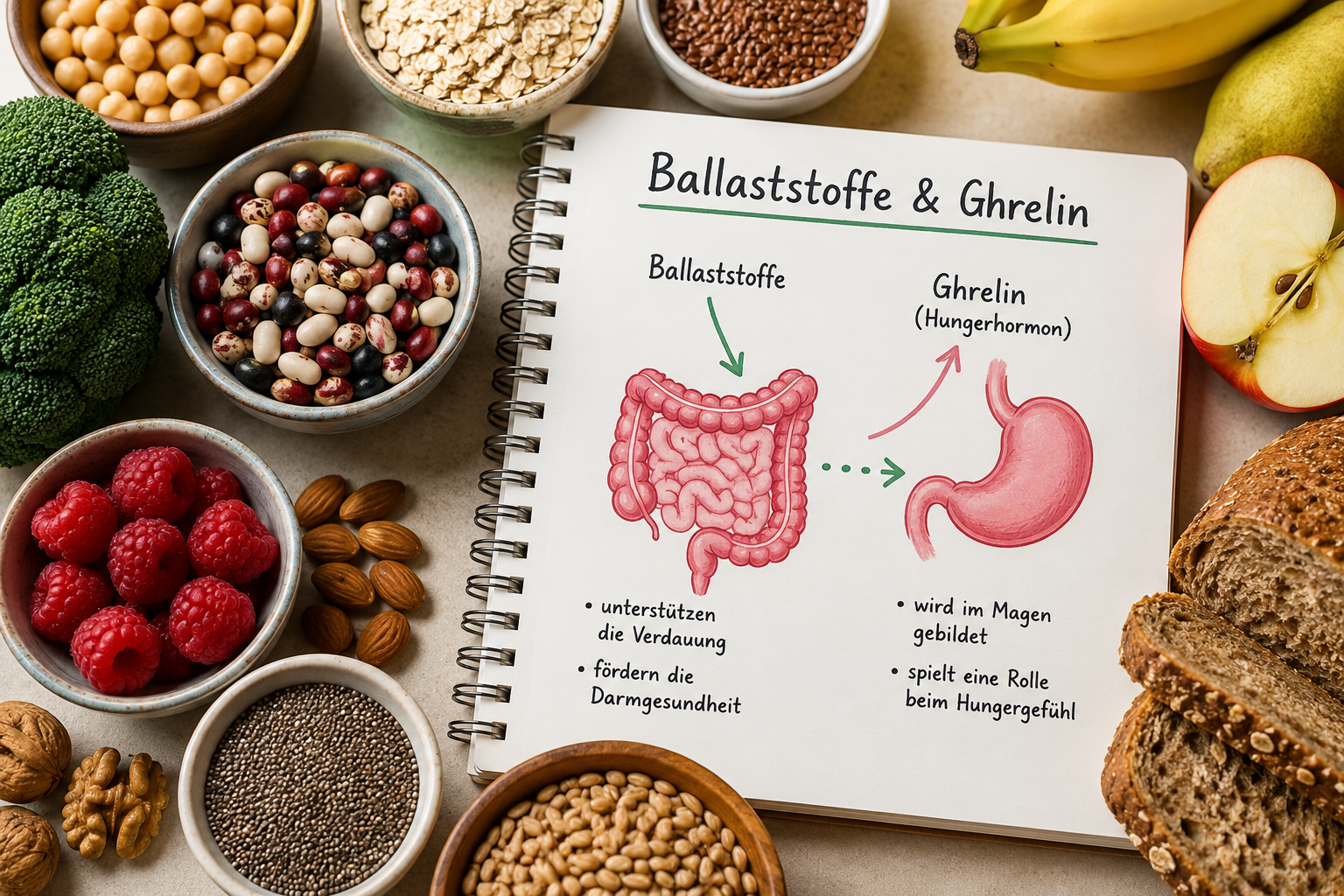 Ballaststoffreiche Lebensmittel wie Haferflocken, Hülsenfrüchte, Obst und Samen neben einer Illustration zum Zusammenhang zwischen Ballaststoffen und Ghrelin.