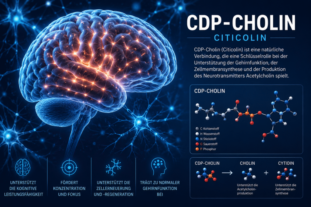 Wissenschaftliche Darstellung von CDP-Cholin (Citicolin) mit Gehirn, Neuronen und molekularen Strukturen zur Unterstützung von Gedächtnis, Konzentration und kognitiver Leistungsfähigkeit.