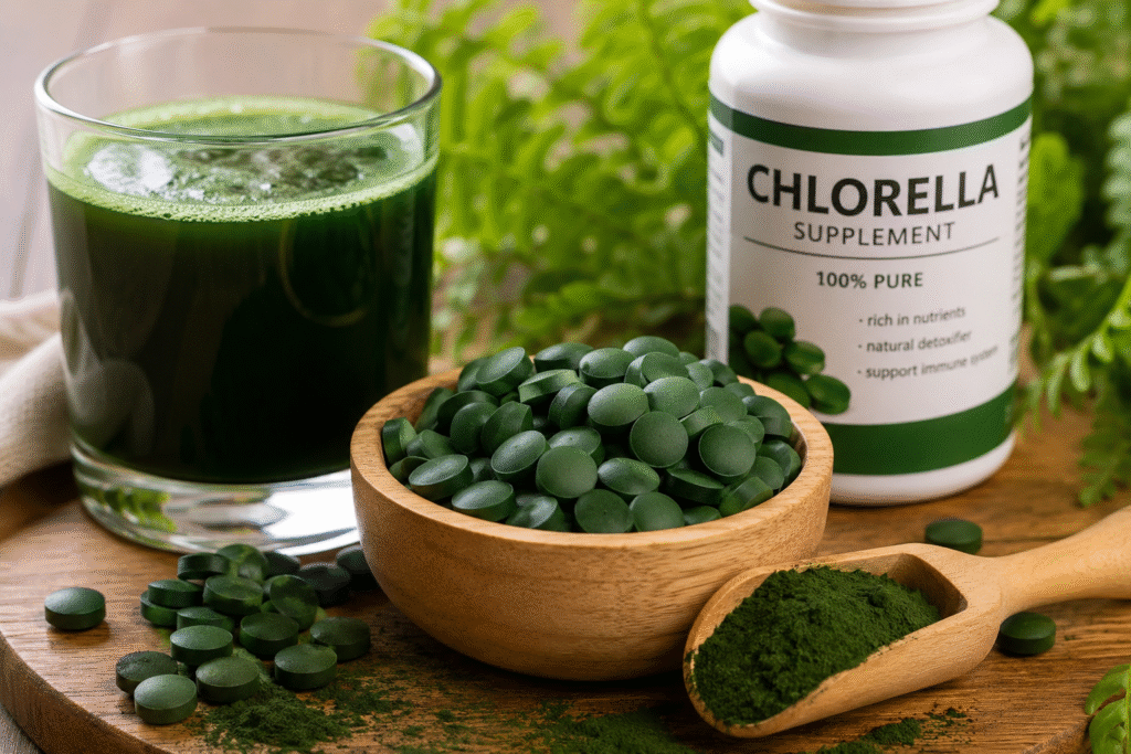 Chlorella Nahrungsergänzungsmittel mit Chlorella-Tabletten, Chlorella-Pulver und grünem Algengetränk auf einem Holztisch.