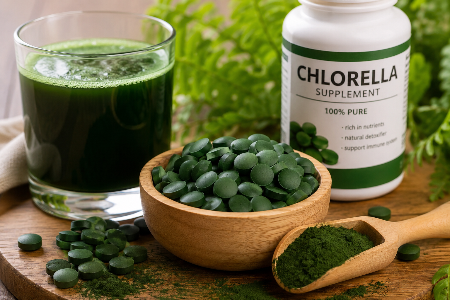 Chlorella Nahrungsergänzungsmittel mit Chlorella-Tabletten, Chlorella-Pulver und grünem Algengetränk auf einem Holztisch.