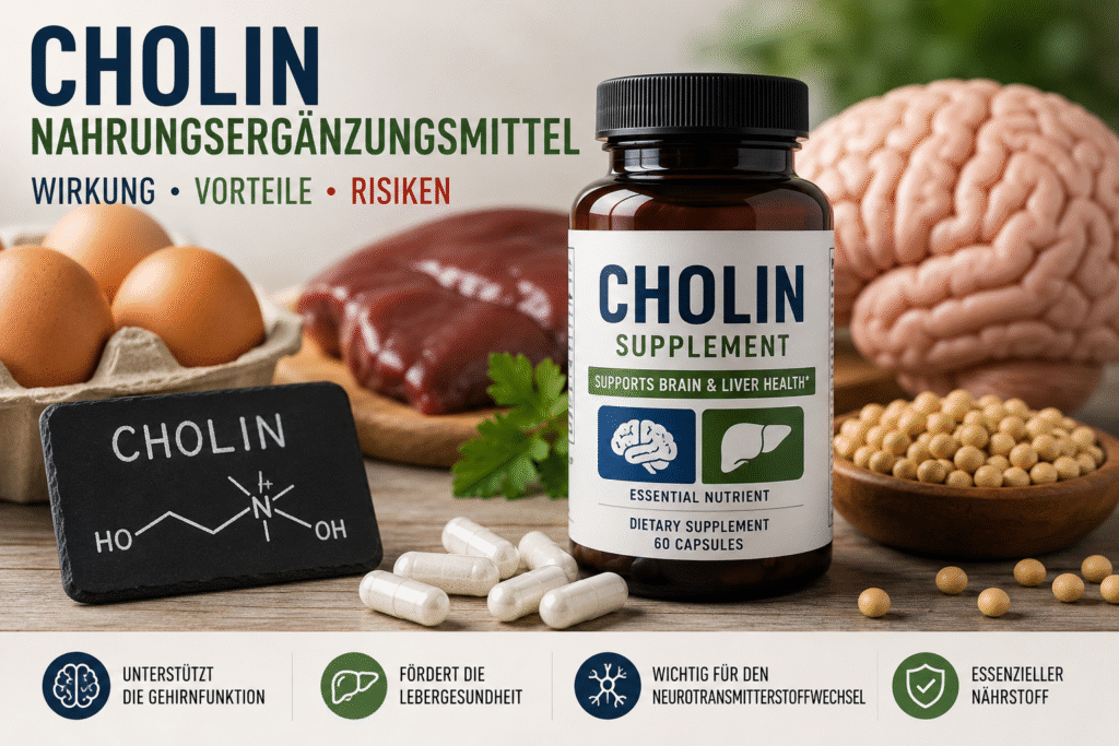 Cholin Nahrungsergänzungsmittel mit Informationen über Wirkung, Vorteile und Risiken für Gehirn- und Lebergesundheit.