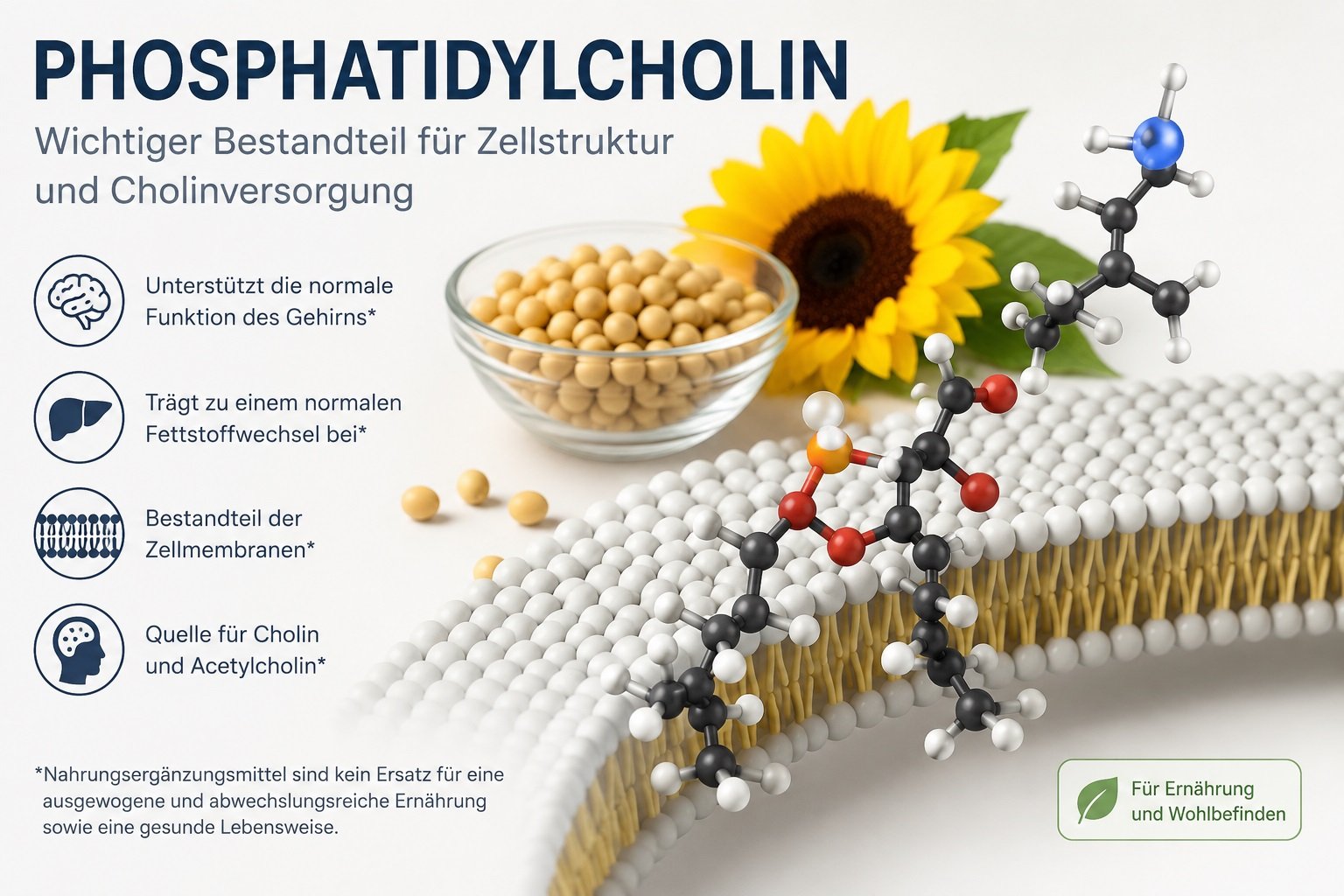Infografik über Phosphatidylcholin mit Darstellung einer Zellmembran, Molekülstruktur und natürlichen Quellen wie Sojabohnen zur Veranschaulichung von Cholinversorgung und Zellgesundheit.