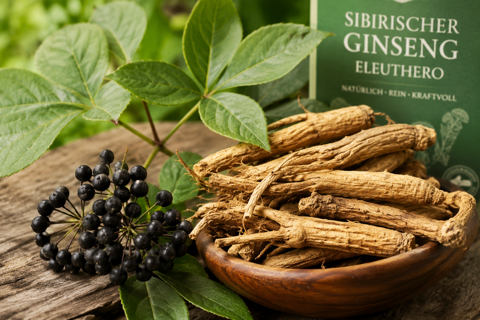 Sibirischer Ginseng (Eleuthero) Wurzeln mit Blättern und Beeren als natürliches Adaptogen zur Unterstützung von Energie und Stressresistenz.