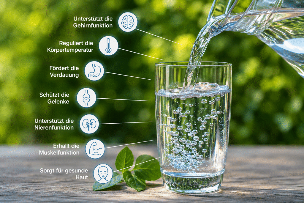 Glas Wasser und frische Lebensmittel als Symbol für eine gesunde Hydration und einen ausgewogenen Wasserhaushalt.