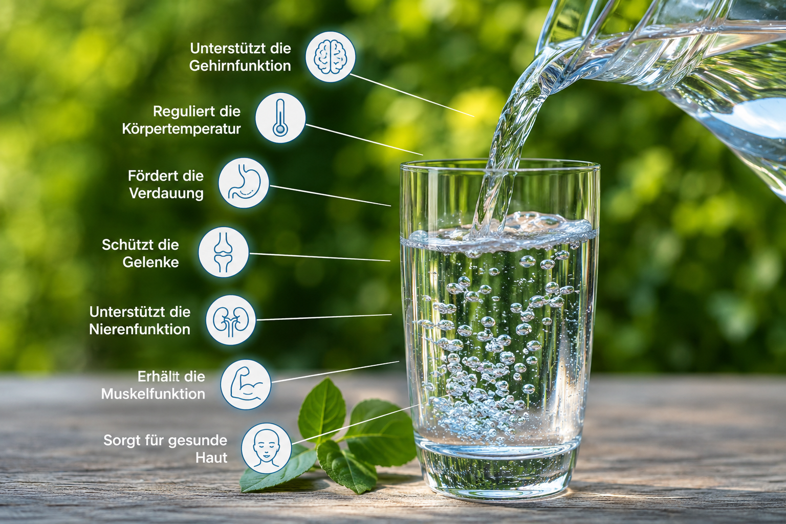 Glas Wasser und frische Lebensmittel als Symbol für eine gesunde Hydration und einen ausgewogenen Wasserhaushalt.