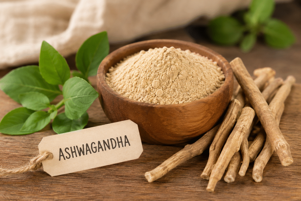 Ashwagandha-Wurzel und Ashwagandha-Pulver als natürliche pflanzliche Zutat.