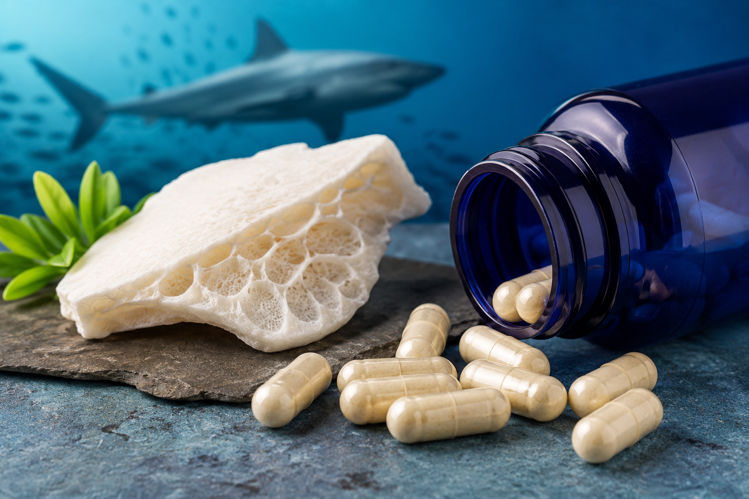 Haifischknorpel (Shark Cartilage) als Nahrungsergänzungsmittel mit Kapseln und maritimem Hintergrund