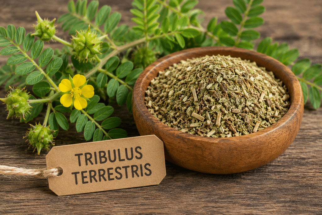 Tribulus terrestris mit getrocknetem Pflanzenextrakt und frischen Pflanzenteilen.
