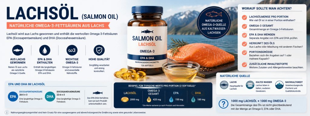 Lachsöl (Salmon Oil) mit den Omega-3-Fettsäuren EPA und DHA