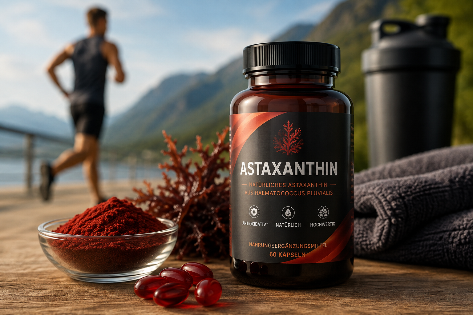 Natürliches Astaxanthin aus Haematococcus pluvialis als Nahrungsergänzung für Sportler und aktive Menschen.