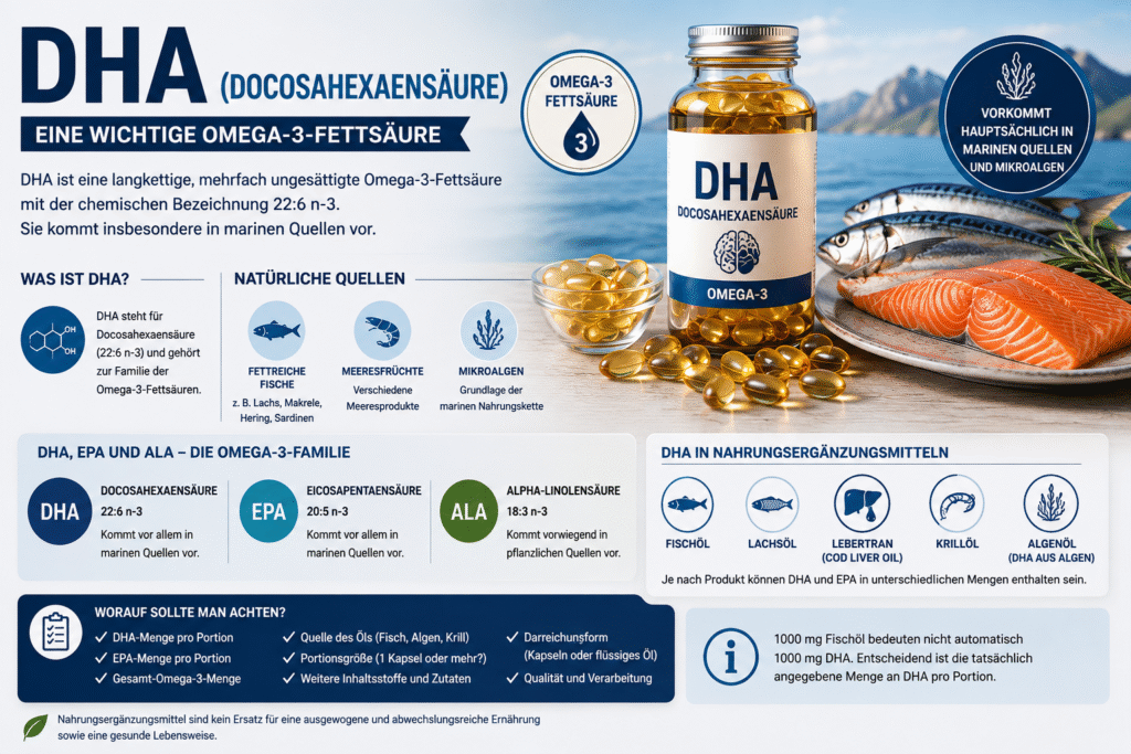 DHA Docosahexaensäure als Omega-3-Fettsäure mit natürlichen Quellen wie Fisch, Meeresfrüchten und Mikroalgen