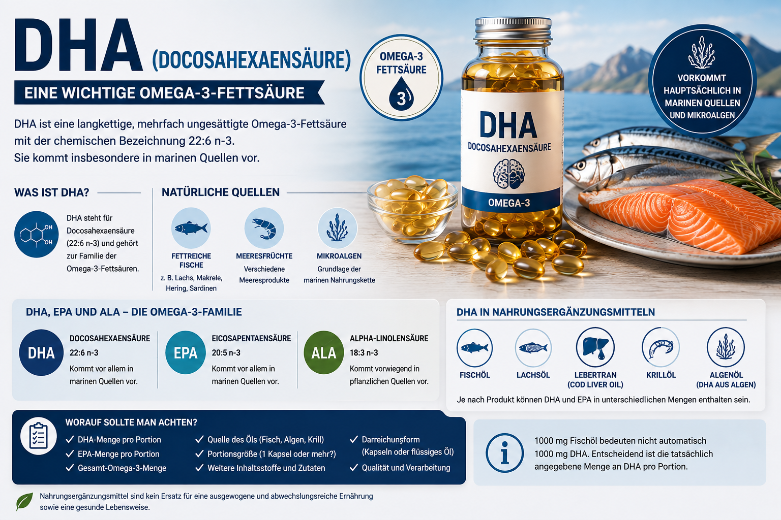 DHA Docosahexaensäure als Omega-3-Fettsäure mit natürlichen Quellen wie Fisch, Meeresfrüchten und Mikroalgen