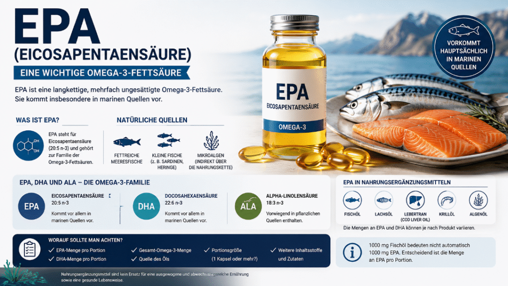 EPA Eicosapentaensäure als Omega-3-Fettsäure mit natürlichen marinen Quellen wie Fisch und Mikroalgen