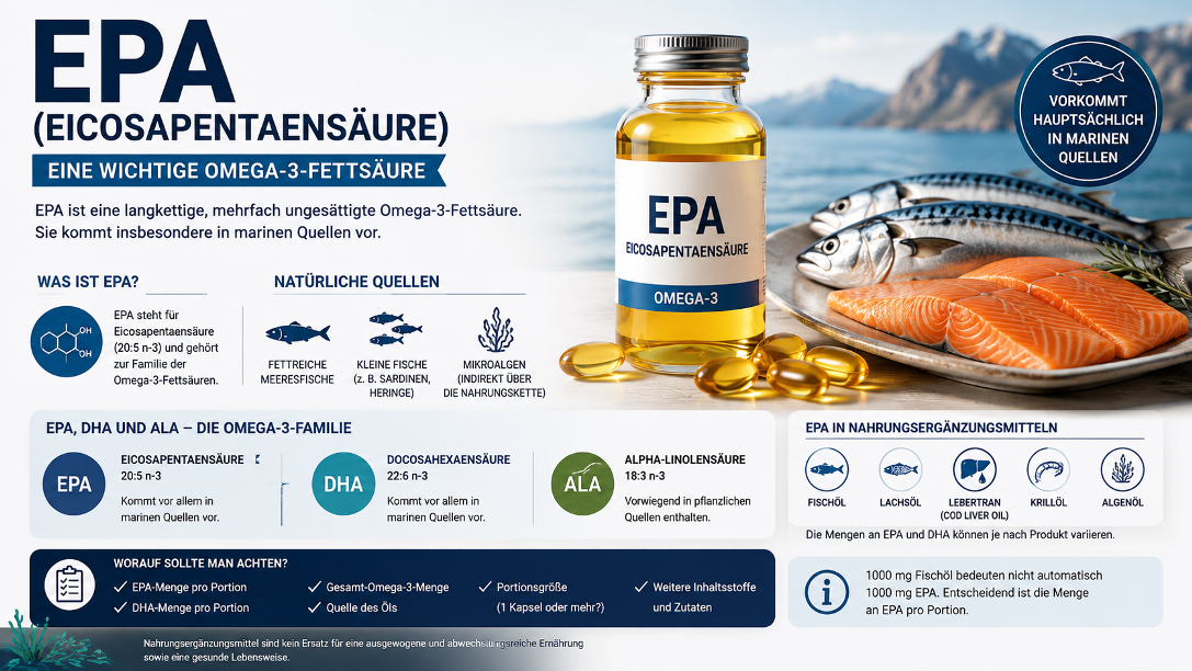 EPA Eicosapentaensäure als Omega-3-Fettsäure mit natürlichen marinen Quellen wie Fisch und Mikroalgen