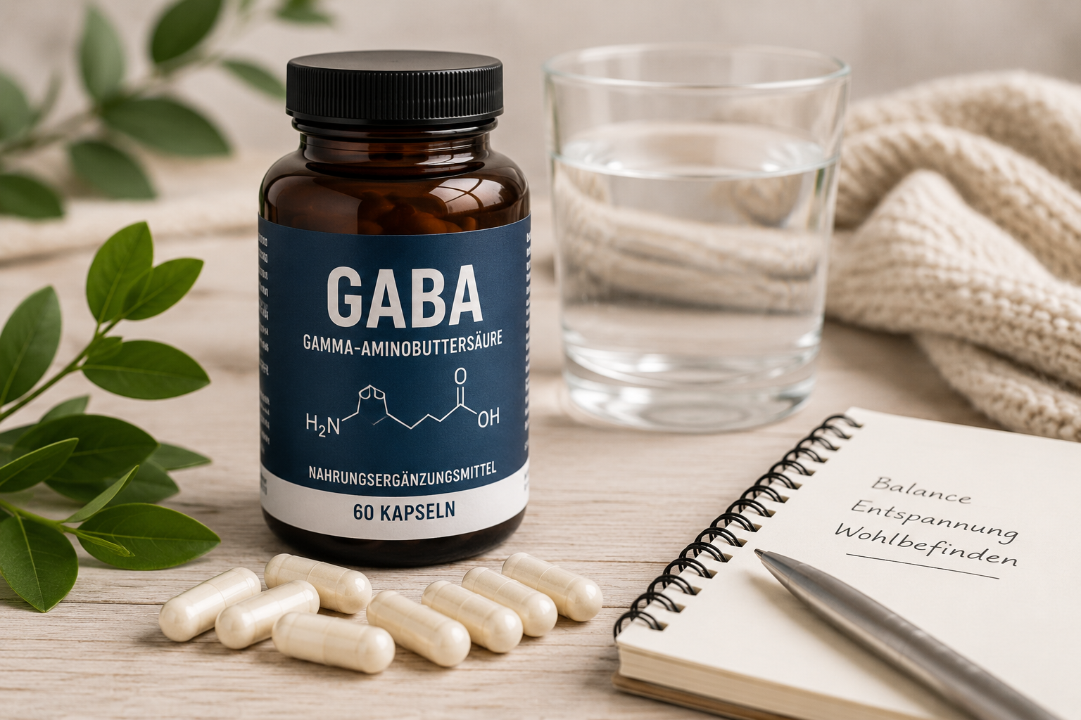 GABA Nahrungsergänzungsmittel mit Gamma-Aminobuttersäure neben Wasserglas und Kapseln auf einem Holztisch