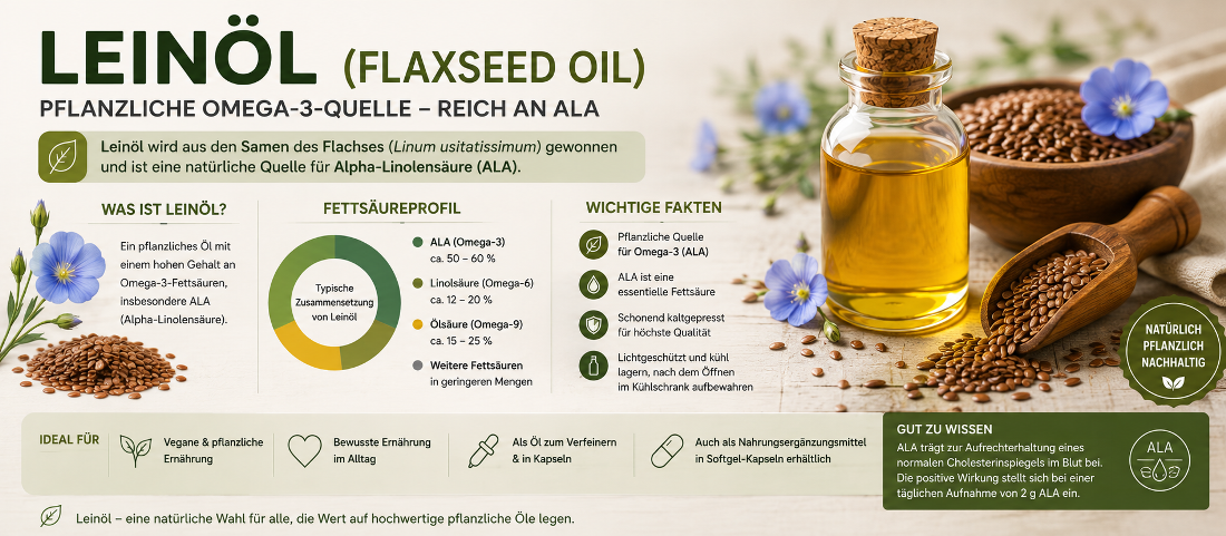 Leinöl und Leinsamen als pflanzliche Quelle für Omega-3 und Alpha-Linolensäure ALA