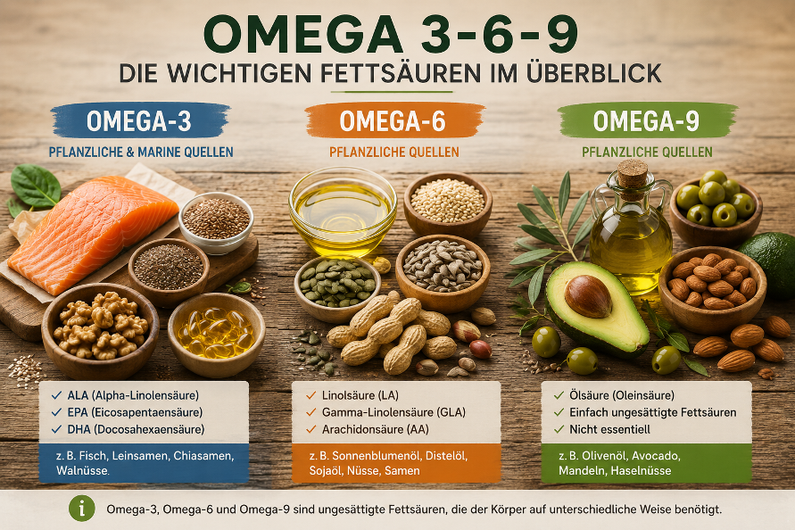 Omega-3-6-9 Fettsäuren und natürliche Quellen aus Fisch, Samen, Nüssen, Olivenöl und Avocado