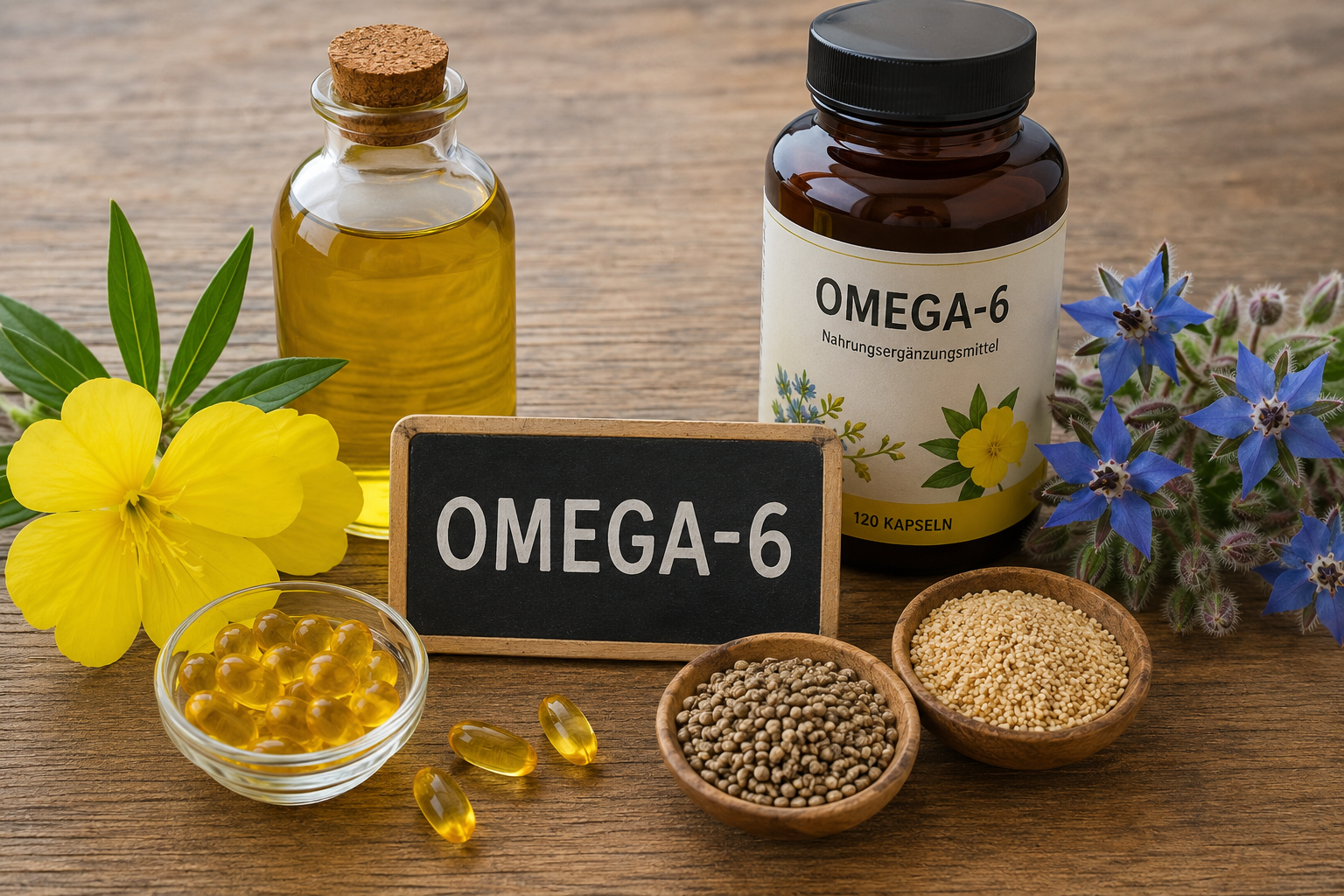 Omega-6-Fettsäuren mit GLA, Nachtkerzenöl, Borretschöl und Kapseln