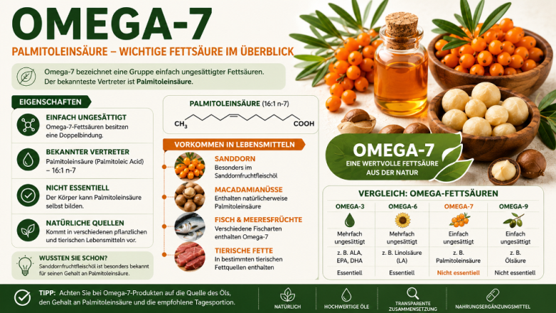 Omega-7 und Palmitoleinsäure mit natürlichen Quellen wie Sanddorn und Macadamianüssen