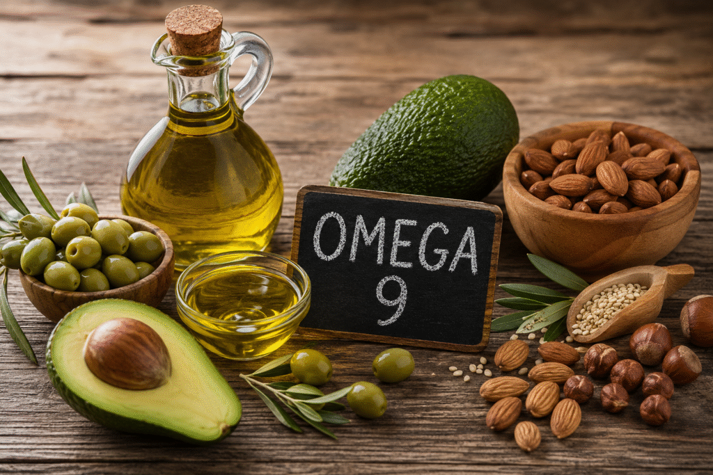Omega-9 Lebensmittel mit Olivenöl, Avocado, Oliven, Mandeln und Nüssen