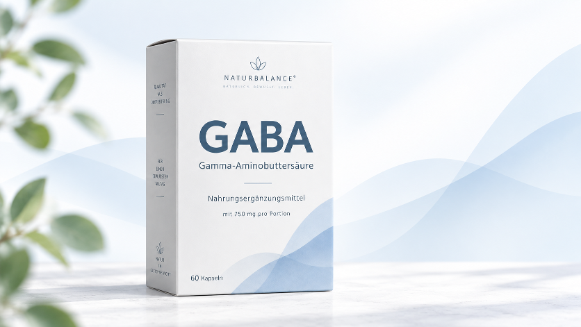 GABA Nahrungsergänzungsmittel in moderner Verpackung mit der Bezeichnung Gamma-Aminobuttersäure